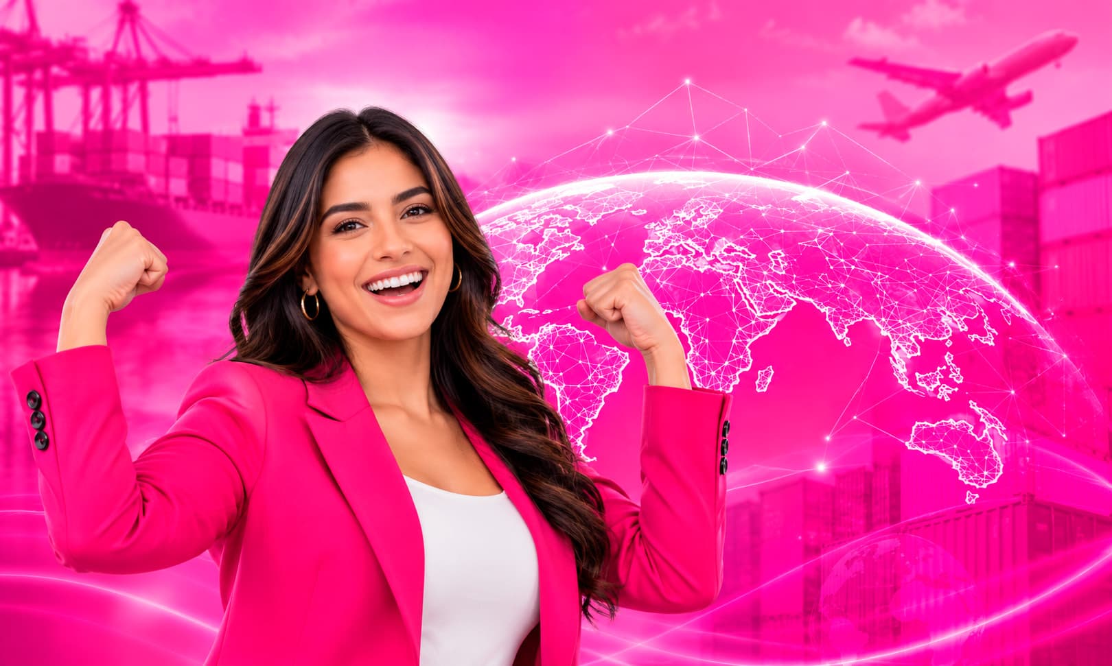 Mujer empresaria dominicana celebrando frente a un mapa del mundo